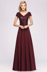 A-Line Burgundy Chiffon Sequined V-Neck Sleeveless Ruffles Bridesmaid Dresses