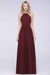 A-Line Chiffon Halter Sleeveless Floor Length Bridesmaid Dress with Ruffles