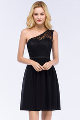 A-Line Chiffon Lace One Shoulder Short Sleeves Knee-Length Bridesmaid Dresses with Sash