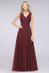 A-Line Chiffon Lace V-Neck Sleeveless Floor Length Bridesmaid Dress