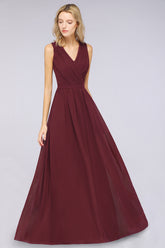 A-Line Chiffon Lace V-Neck Sleeveless Floor Length Bridesmaid Dress with Ruffles