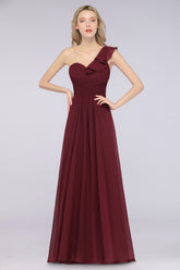 A-Line Chiffon One Shoulder Sweetheart Sleeveless Floor Length Bridesmaid Dress with Ruffles