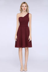 A-Line Chiffon One Shoulder Sweetheart Sleeveless Knee-Length Bridesmaid Dress with Ruffles
