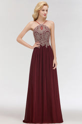 A-Line Chiffon Spaghetti Straps Sleeveless Backless Floor Length Bridesmaid Dress with Appliques