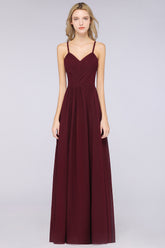 A-Line Chiffon Spaghetti Straps V-Neck Sleeveless Floor Length Bridesmaid Dress with Ruffles