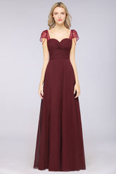 A-Line Chiffon Sweetheart Cap-Sleeves Ruffle Floor Length Bridesmaid Dress with Beadings