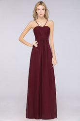 A-Line Chiffon Sweetheart Spaghetti Straps Backless Floor Length Bridesmaid Dress with Ruffles