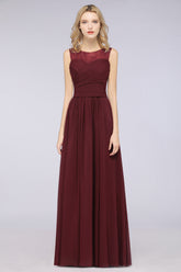 A-Line Chiffon Tulle Lace Scoop Sleeveless Floor Length Bridesmaid Dress with Ruffle