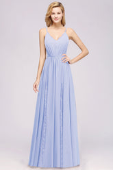 A-Line Chiffon V-Neck Spaghetti Straps Long Bridesmaid Dress