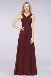A-Line Chiffon V-Neck Straps Sleeveless Floor Length Bridesmaid Dress with Ruffles