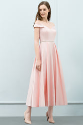 A-Line Pink Off The Shoulder Satin Bridesmaid Dress