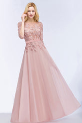 A-line Chiffon Appliques Jewel Half Sleeves Floor Length Bridesmaid Dresses with Sash