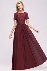 A-line Chiffon Lace Jewel Short Sleeves Floor Length Bridesmaid Dress