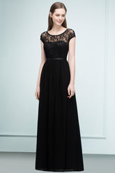 A-line Floor Length Short Sleeves Lace Bridesmaid Dresses with Sash