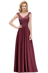 A-line Long V-neck Sleeveless Lace Chiffon Bridesmaid Dresses