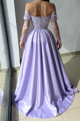 A-line Strapless Long Satin Formal Prom Dress with Sleeves