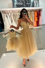 A-line Sweetheart Tulle Tea Length Formal Dress Sleeveless Beadings Wedding Guest Dress