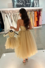 A-line Sweetheart Tulle Tea Length Formal Dress Sleeveless Beadings Wedding Guest Dress