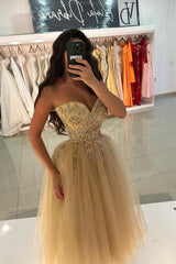 A-line Sweetheart Tulle Tea Length Formal Dress Sleeveless Beadings Wedding Guest Dress