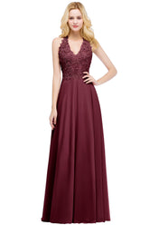 A-line V-neck Sleeveless Long Appliques Chiffon Bridesmaid Dresses
