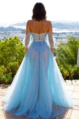 Beautiful Long Mermaid Off the Shoulder Tulle Glitter Front Slit Prom Dress
