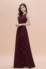 Long A-Line Backless Ruched Chiffon Burgundy Wedding Guest Dresses With Split