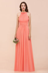 Charming Coral Chiffon Sleeveless A-Line Halter Floor Length Bridesmaid Dresses