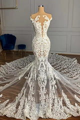 Charming Long Mermaid Jewel Tulle Lace Backless Wedding Dress