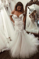 Charming Long Sweetheart Tulle Lace Off the Shoulder Mermaid Wedding Dresses