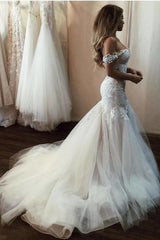 Charming Long Sweetheart Tulle Lace Off the Shoulder Mermaid Wedding Dresses