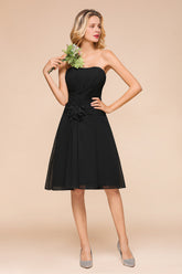 Chic Black Chiffon Strapless Backless Knee-length A-Line Bridesmaid Dress