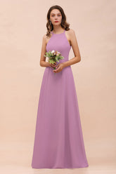 Chic Halter A-Line Chiffon Floor Length Open Back Bridesmaid Dresses