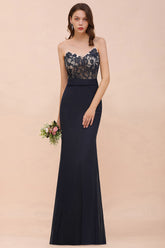 Chic Long Mermaid Spaghetti Straps Chiffon Dark Navy Bridesmaid Dress