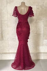Chic Long Mermaid V-neck Burgundy Formal Evening Dresses with Sleeves