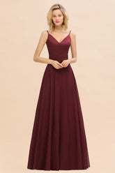 Classy A-line Floor Length Spaghetti Straps V-neck Chiffon Bridesmaid Dress