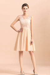 Lace A-Line Short V-neck Backless Wedding Guest Dresses with Short Sleeveless