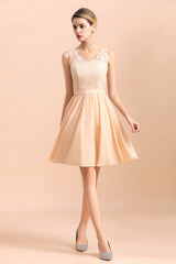 Lace A-Line Short V-neck Backless Wedding Guest Dresses with Short Sleeveless
