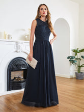 Long A line Crew Neck Lace Chiffon Wedding Guest Dress