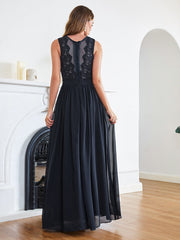 Long A line Crew Neck Lace Chiffon Wedding Guest Dress