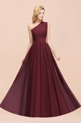 Elegant A-Line Burgundy Chiffon One Shoulder Bridesmaid Dresses