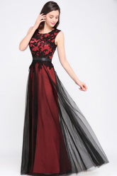 Elegant A-Line Tulle Lace Sleeveless Floor Length Bridesmaid Dress with Sash