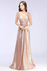 Elegant A-line Sequined V-Neck Sleeveless Floor Length Bridesmaid Dresses