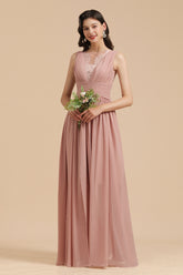Elegant A-line Straps Dusty Rose Lace Tulle Long Bridesmaid Dress