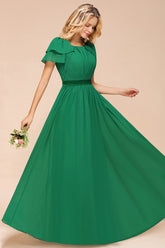 Elegant Bateau Short Sleeves A-line Floor Length Chiffon Ruched Bridesmaid Dress