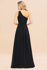 Elegant Black A-line Chiffon Ruffles One Shoulder Long Bridesmaid Dress
