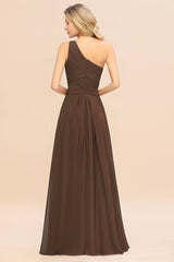 Elegant Brown A-line Chiffon Ruffles One Shoulder Long Bridesmaid Dress