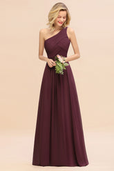 Elegant Cabernet A-line Chiffon Ruffles One Shoulder Long Bridesmaid Dress