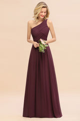 Elegant Cabernet A-line Chiffon Ruffles One Shoulder Long Bridesmaid Dress