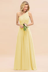 Elegant Daffodil A-line Chiffon Ruffles One Shoulder Long Bridesmaid Dress