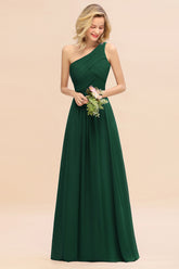 Elegant Dark Green A-line Chiffon Ruffles One Shoulder Long Bridesmaid Dress